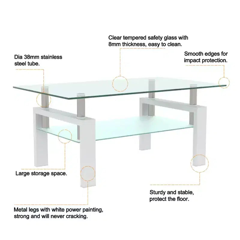 Table basse rectangulaire moderne en verre trempé et fer forgé avec étagère