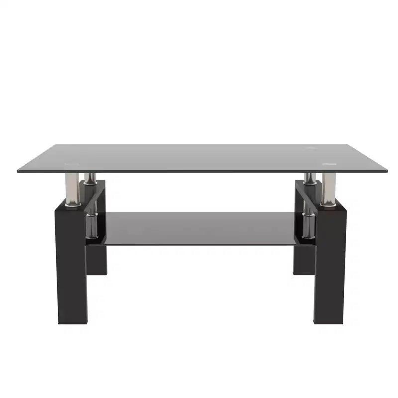 Table basse rectangulaire moderne en verre trempé et fer forgé avec étagère