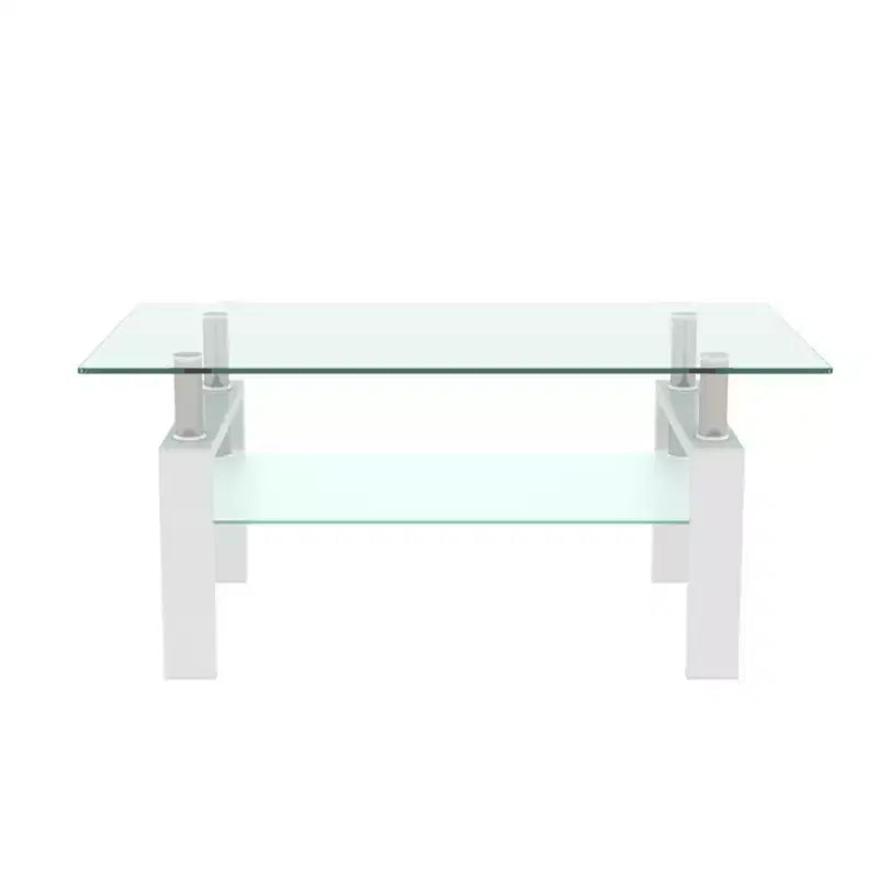 Table basse rectangulaire moderne en verre trempé et fer forgé avec étagère