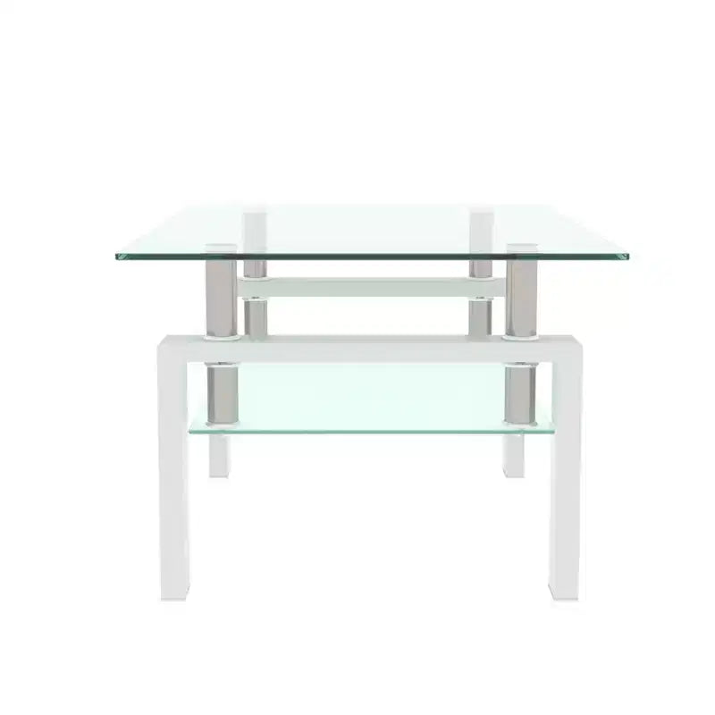 Table basse rectangulaire moderne en verre trempé et fer forgé avec étagère