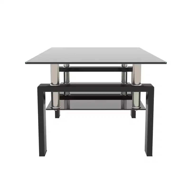 Table basse rectangulaire moderne en verre trempé et fer forgé avec étagère
