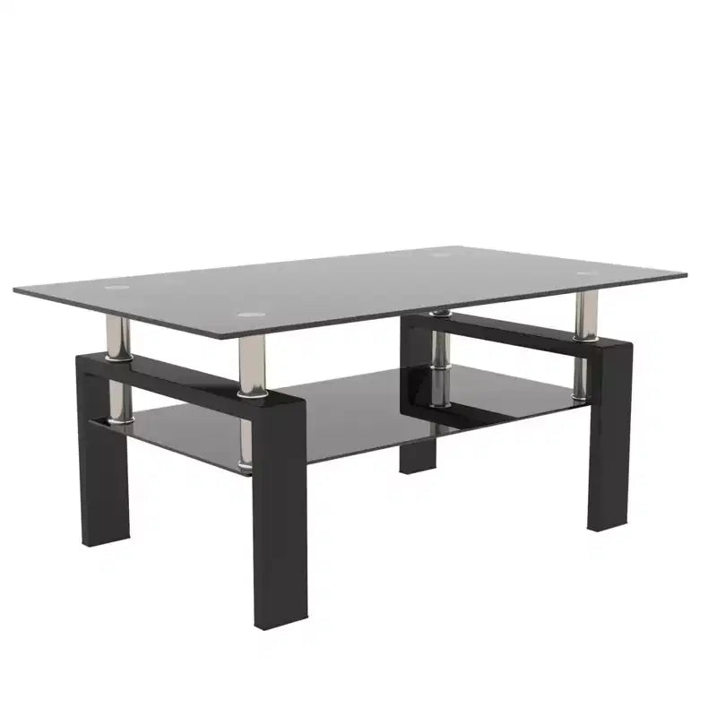 Table basse rectangulaire moderne en verre trempé et fer forgé avec étagère