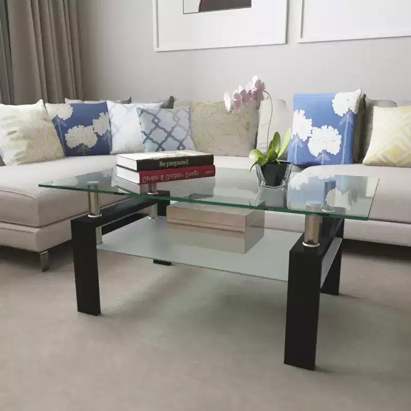 Table basse rectangulaire moderne en verre trempé et fer forgé avec étagère