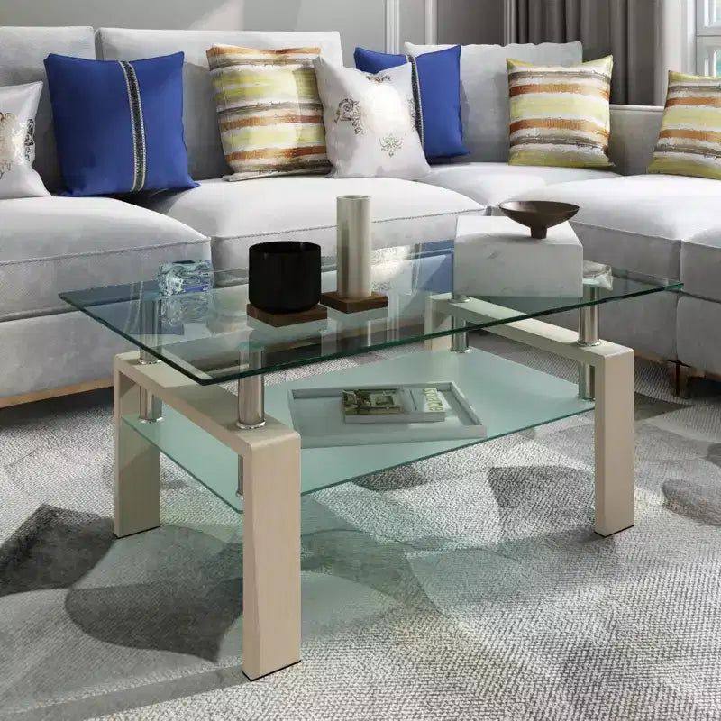 Table basse rectangulaire moderne en verre trempé et fer forgé avec étagère