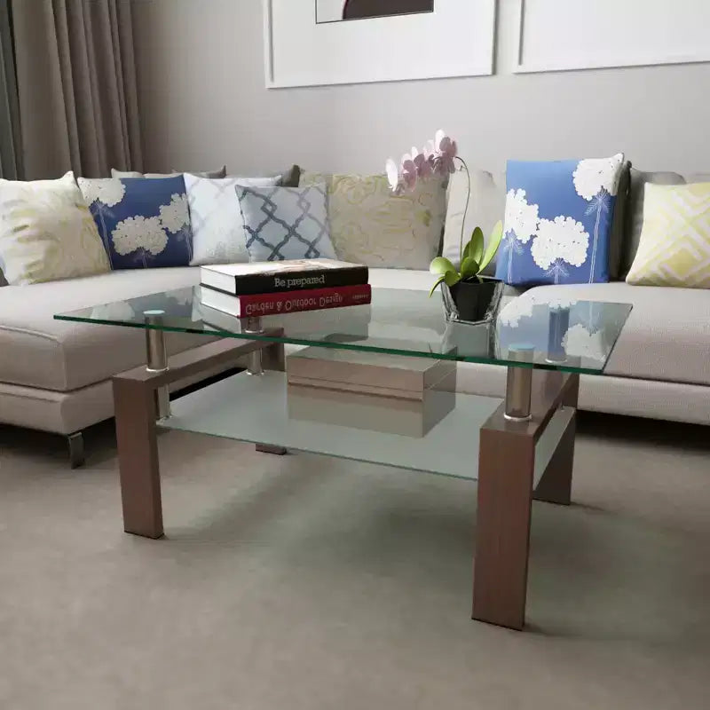 Table basse rectangulaire moderne en verre trempé et fer forgé avec étagère