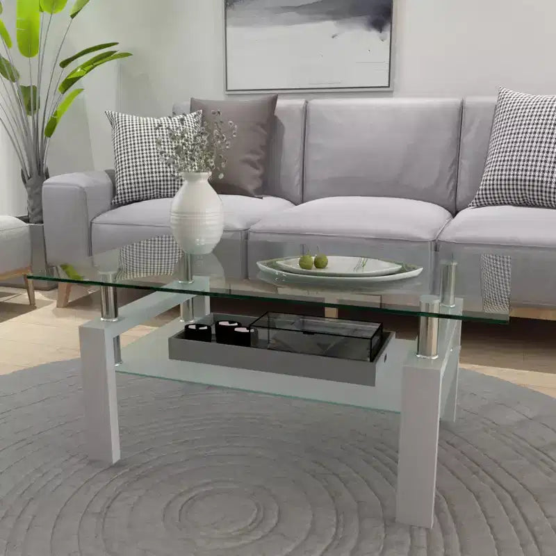 Table basse rectangulaire moderne en verre trempé et fer forgé avec étagère