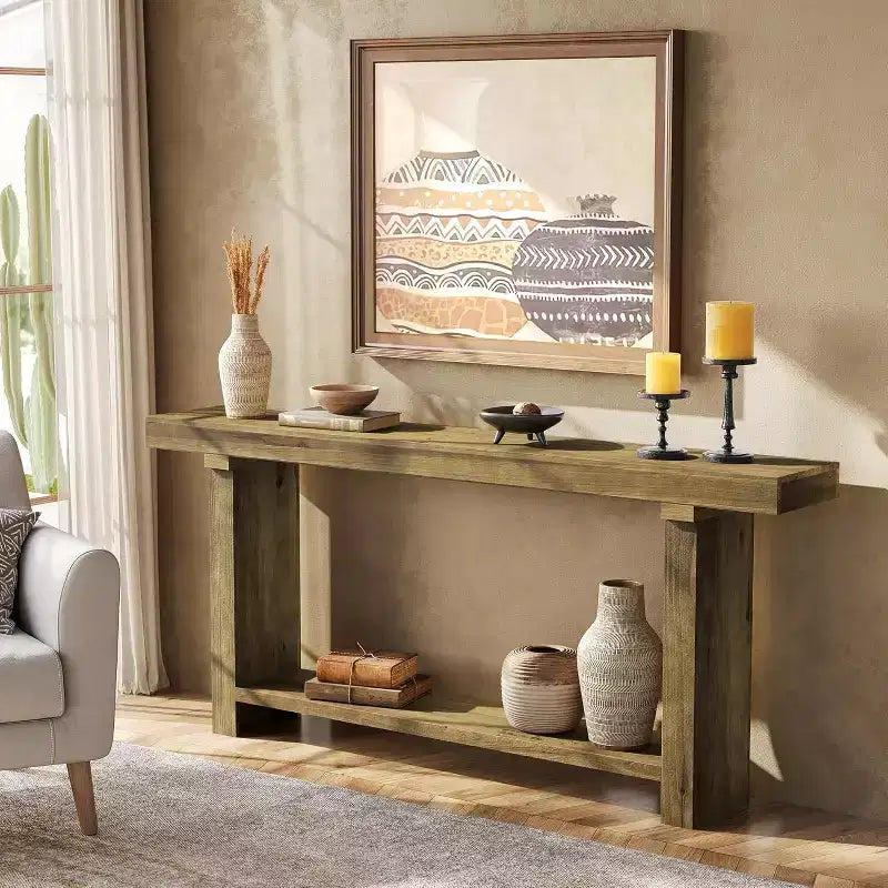 Console en bois massif de 180 cm, table d'appoint de style rustique pour entrée, marron foncé