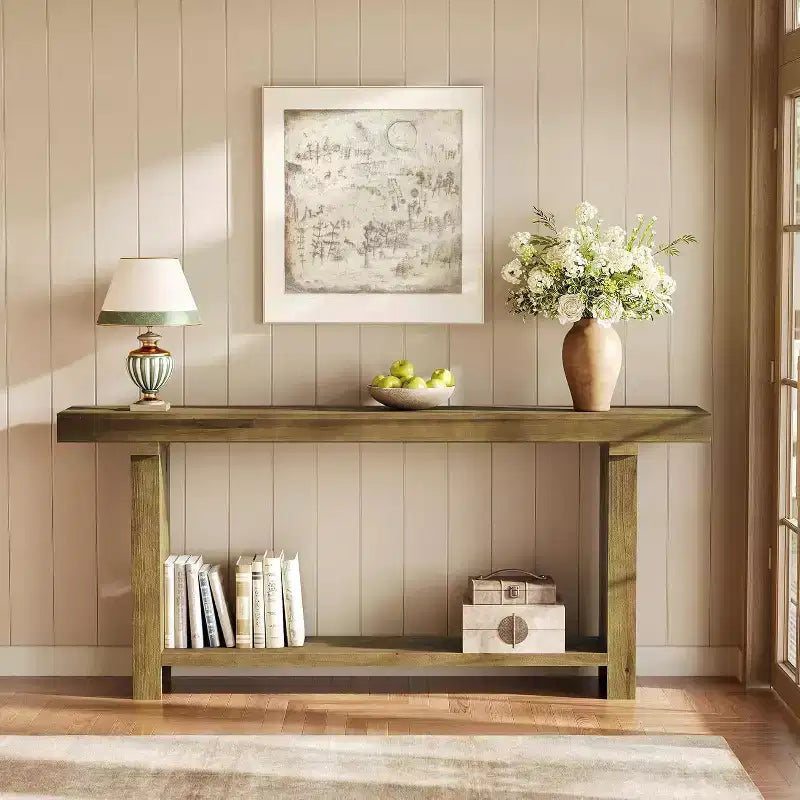 Console en bois massif de 180 cm, table d'appoint de style rustique pour entrée, marron foncé