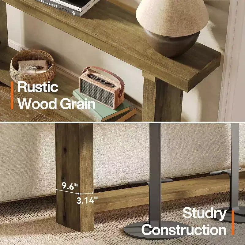Console en bois massif de 180 cm, table d'appoint de style rustique pour entrée, marron foncé