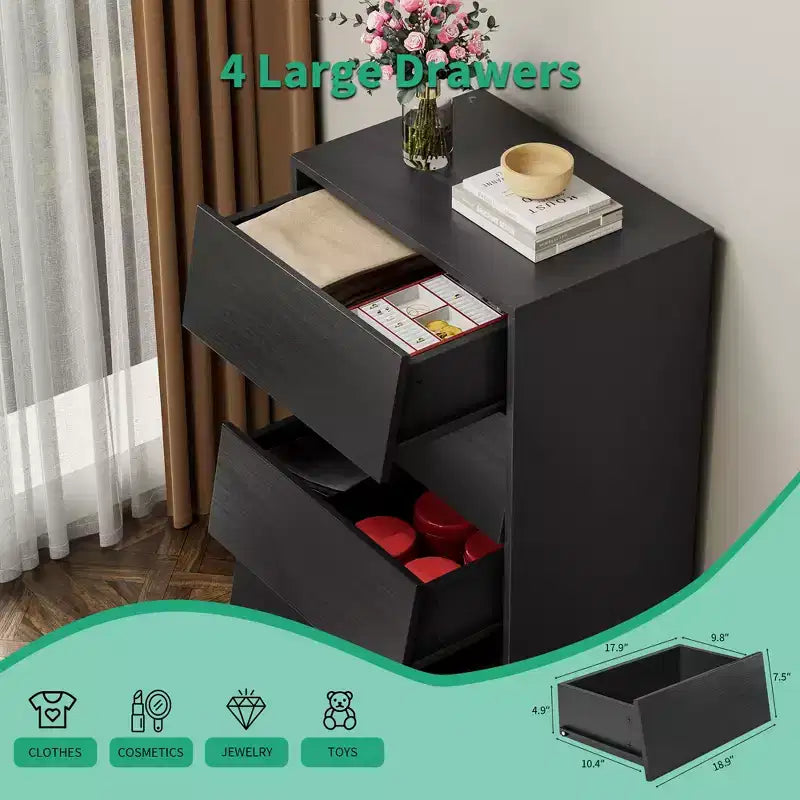 Commode à tiroirs Peg Wood Bevel Design, 4 ou 6 tiroirs, noire ou marron