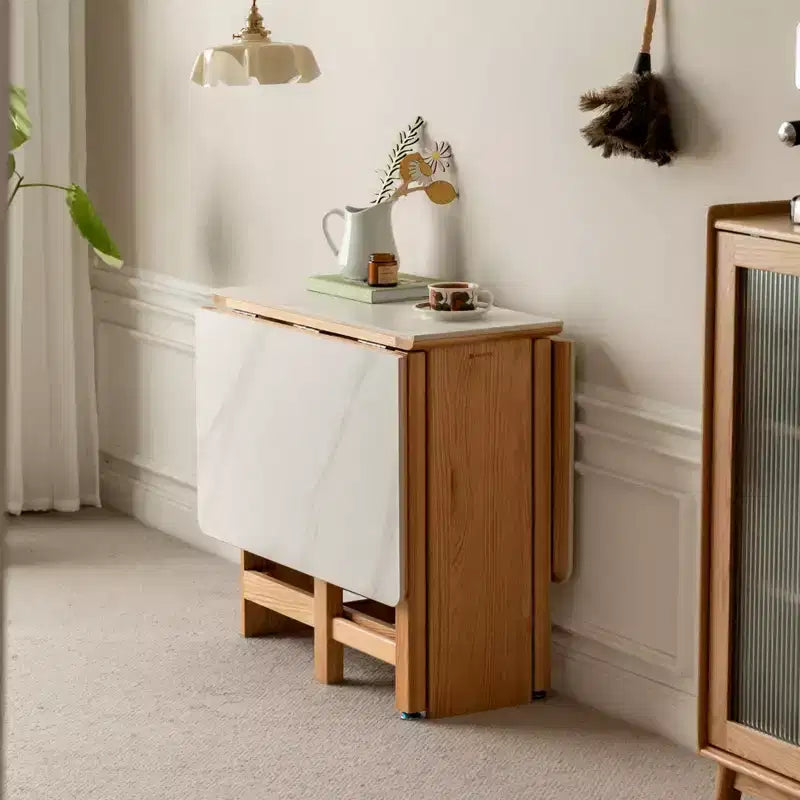 Table à manger moderne extensible en chêne massif avec plateau en pierre, 4-6 places