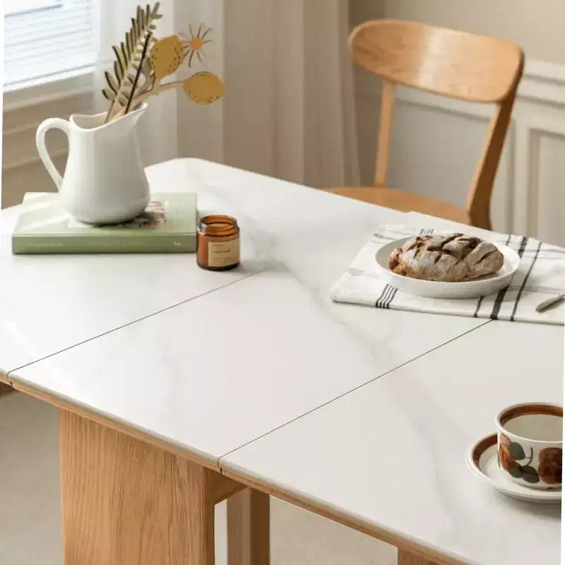 Table à manger moderne extensible en chêne massif avec plateau en pierre, 4-6 places