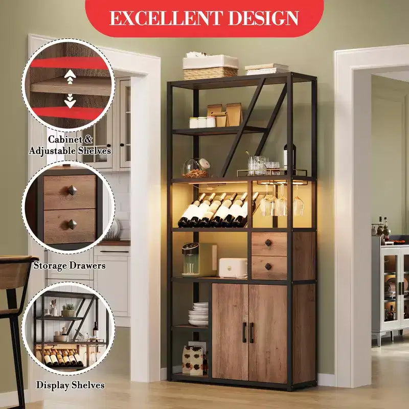 Meuble de bar haut de 180,8 cm avec lumières LED, prises de courant et porte-verres pour salon