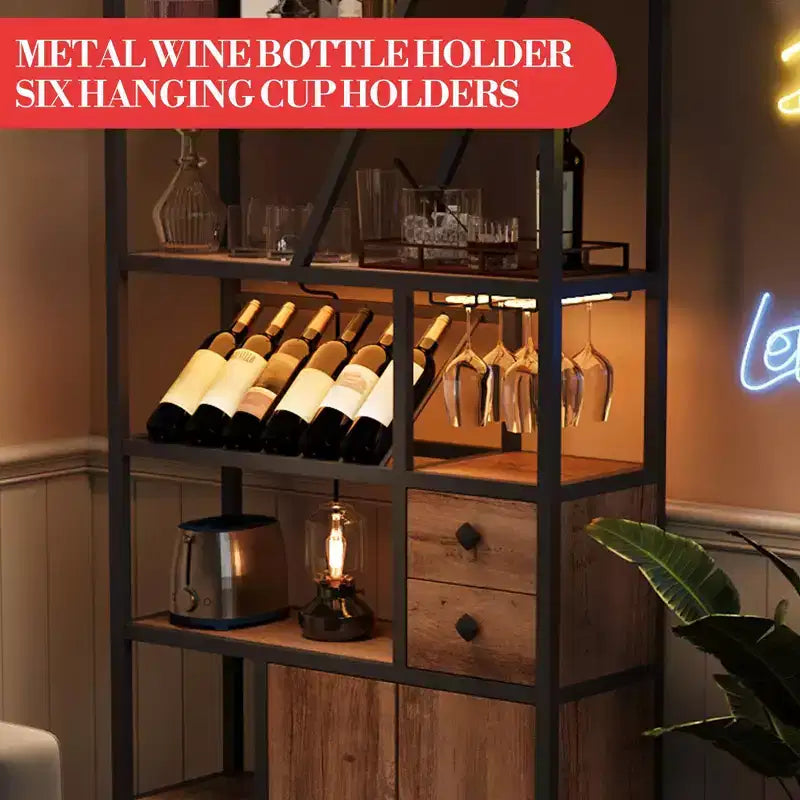Meuble de bar haut de 180,8 cm avec lumières LED, prises de courant et porte-verres pour salon