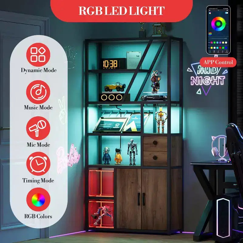 Meuble de bar haut de 180,8 cm avec lumières LED, prises de courant et porte-verres pour salon