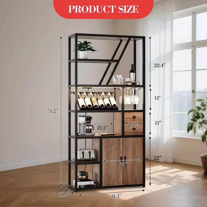 Meuble de bar haut de 180,8 cm avec lumières LED, prises de courant et porte-verres pour salon