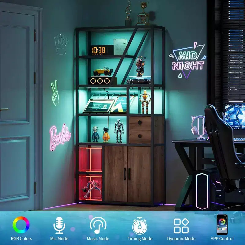 Meuble de bar haut de 180,8 cm avec lumières LED, prises de courant et porte-verres pour salon