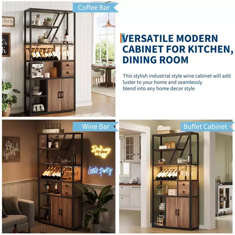Meuble de bar haut de 180,8 cm avec lumières LED, prises de courant et porte-verres pour salon