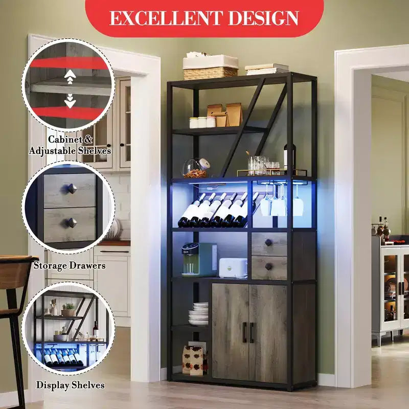 Meuble de bar haut de 180,8 cm avec lumières LED, prises de courant et porte-verres pour salon