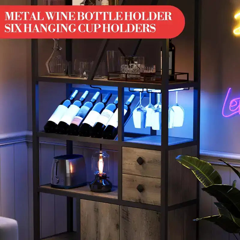 Meuble de bar haut de 180,8 cm avec lumières LED, prises de courant et porte-verres pour salon