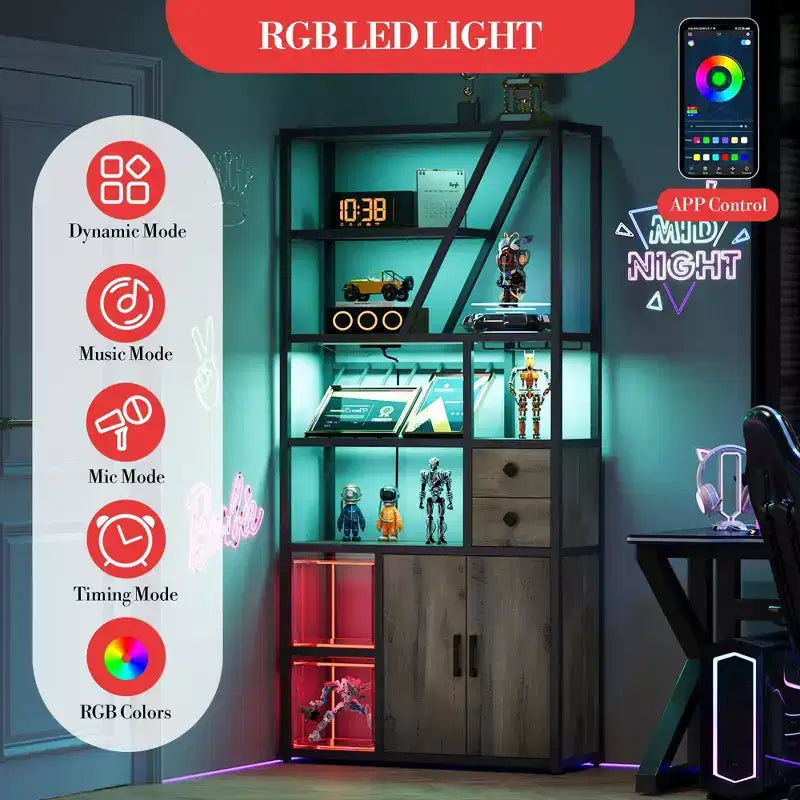 Meuble de bar haut de 180,8 cm avec lumières LED, prises de courant et porte-verres pour salon