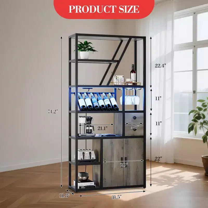 Meuble de bar haut de 180,8 cm avec lumières LED, prises de courant et porte-verres pour salon
