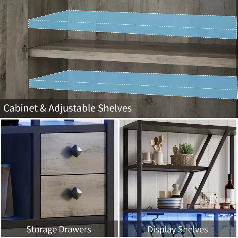 Meuble de bar haut de 180,8 cm avec lumières LED, prises de courant et porte-verres pour salon