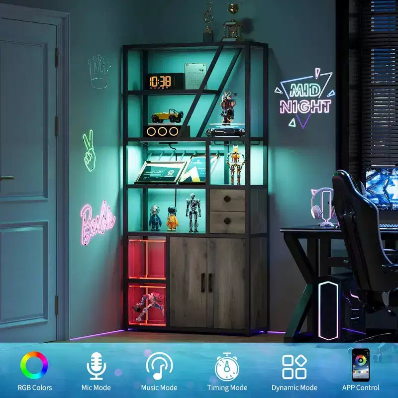 Meuble de bar haut de 180,8 cm avec lumières LED, prises de courant et porte-verres pour salon