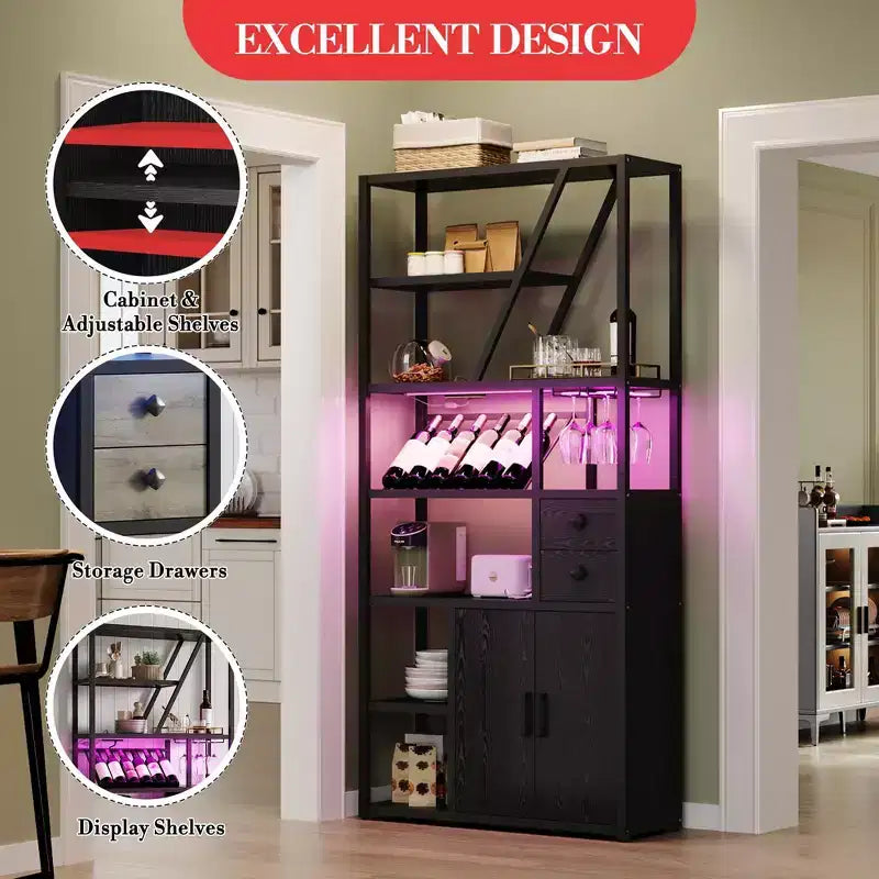 Meuble de bar haut de 180,8 cm avec lumières LED, prises de courant et porte-verres pour salon