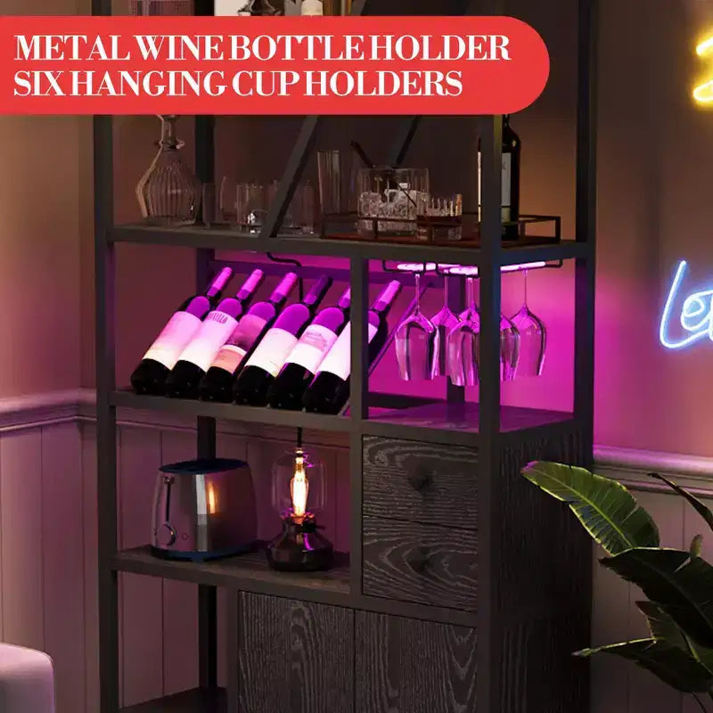 Meuble de bar haut de 180,8 cm avec lumières LED, prises de courant et porte-verres pour salon