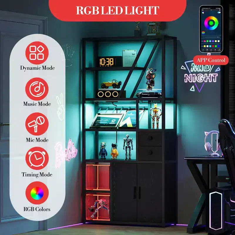 Meuble de bar haut de 180,8 cm avec lumières LED, prises de courant et porte-verres pour salon