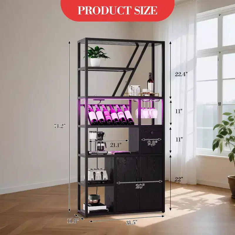 Meuble de bar haut de 180,8 cm avec lumières LED, prises de courant et porte-verres pour salon