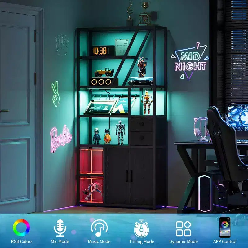 Meuble de bar haut de 180,8 cm avec lumières LED, prises de courant et porte-verres pour salon