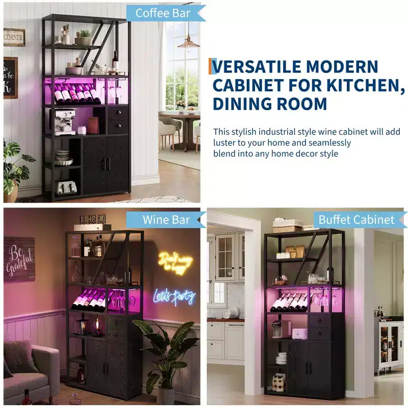 Meuble de bar haut de 180,8 cm avec lumières LED, prises de courant et porte-verres pour salon