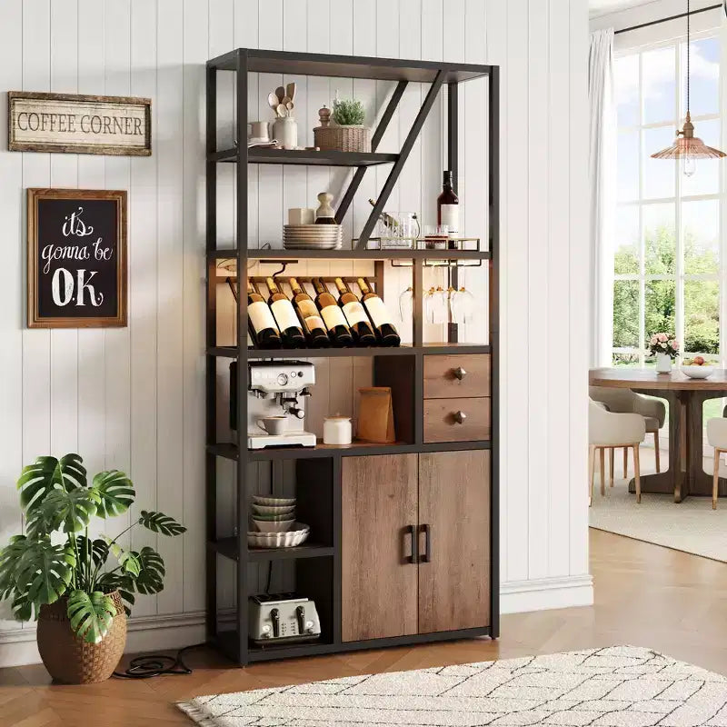 Meuble de bar haut de 180,8 cm avec lumières LED, prises de courant et porte-verres pour salon