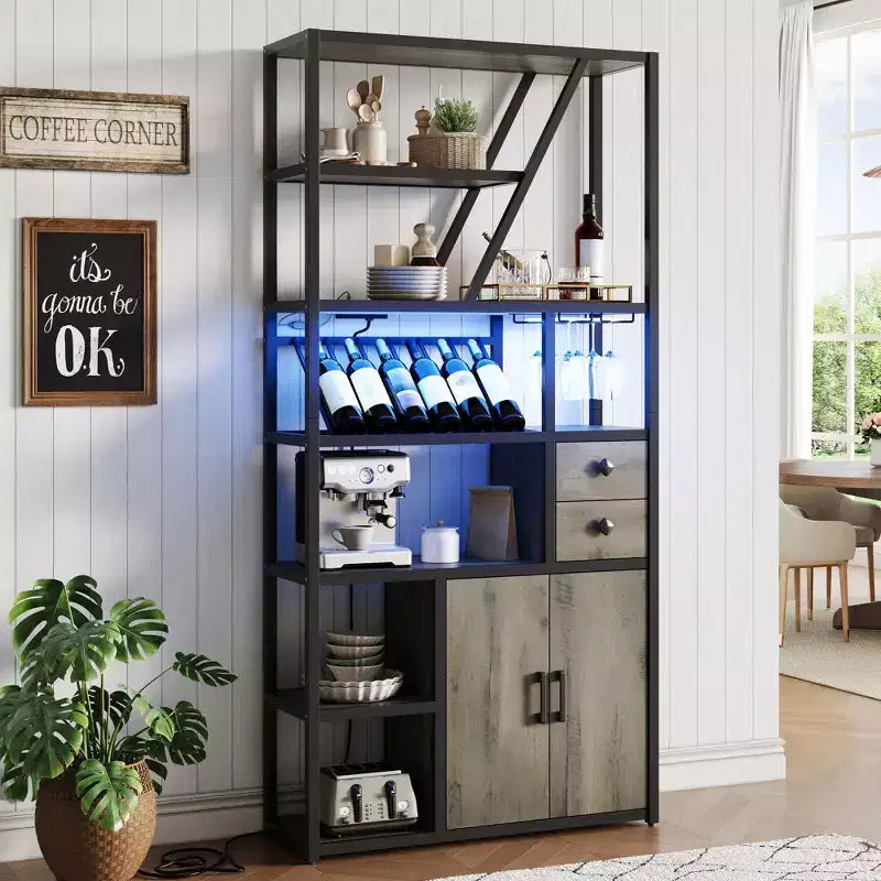 Meuble de bar haut de 180,8 cm avec lumières LED, prises de courant et porte-verres pour salon