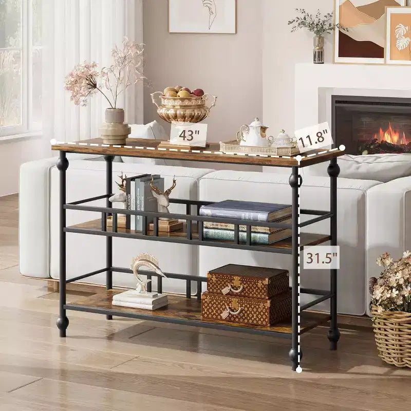 Console d'entrée de ferme de 43" avec 3 niveaux de rangement ouvert, table de canapé étroite pour couloir ou salon