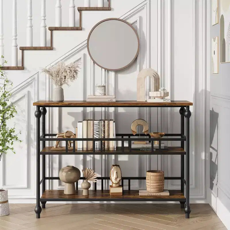 Console d'entrée de ferme de 43" avec 3 niveaux de rangement ouvert, table de canapé étroite pour couloir ou salon