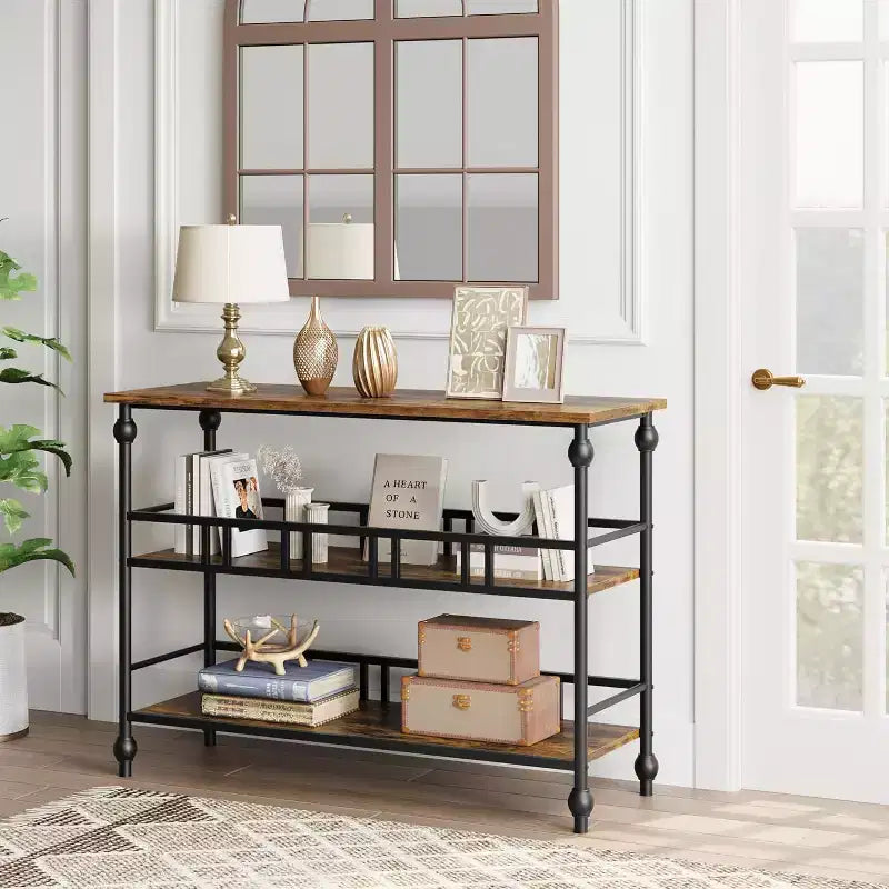 Console d'entrée de ferme de 43" avec 3 niveaux de rangement ouvert, table de canapé étroite pour couloir ou salon