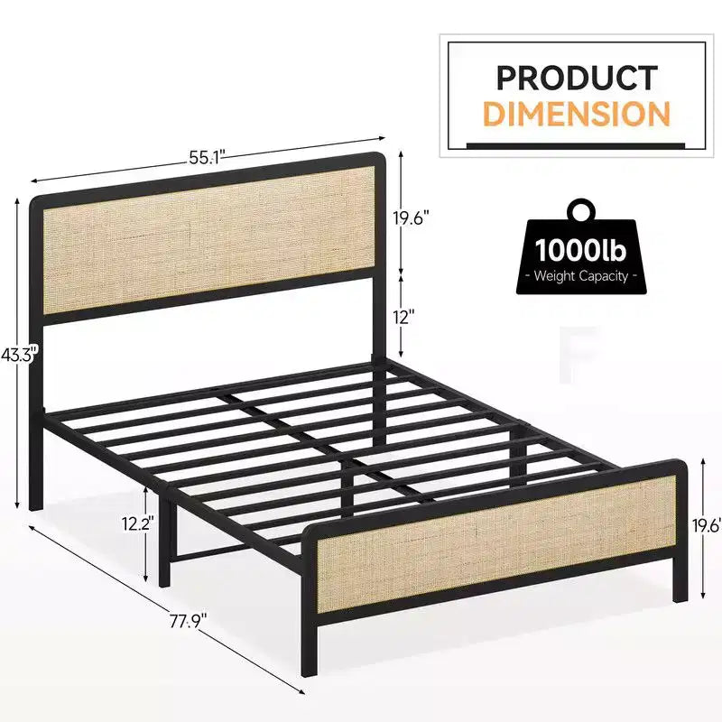 Cadre de lit plateforme en rotin pour grand lit/très grand lit avec tête et pied de lit en rotin naturel, rangement sous le lit