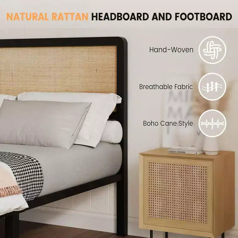 Cadre de lit plateforme en rotin pour grand lit/très grand lit avec tête et pied de lit en rotin naturel, rangement sous le lit