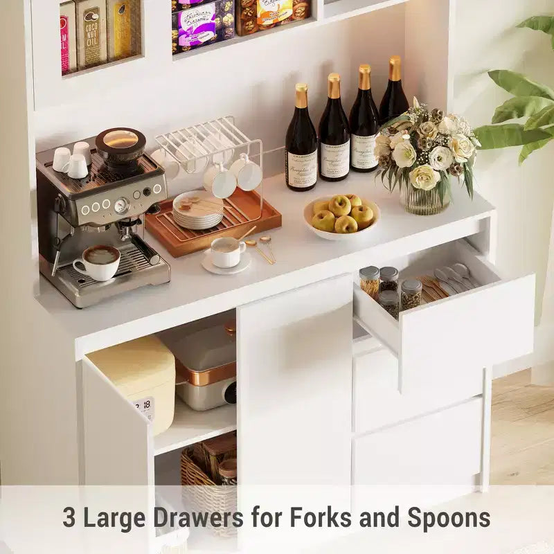 71 Tall Kitchen Pantry Cabinet with Glass Door, Kitchen Storage Hutch with Led Lights and Power Outlets, Microwave Stand, Handless Design