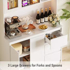 Meuble de cuisine haut de 180 cm avec porte vitrée, vaisselier de rangement de cuisine avec lumières LED et prises de courant, support pour micro-ondes, design sans poignée