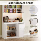 Meuble de cuisine haut de 180 cm avec porte vitrée, vaisselier de rangement de cuisine avec lumières LED et prises de courant, support pour micro-ondes, design sans poignée