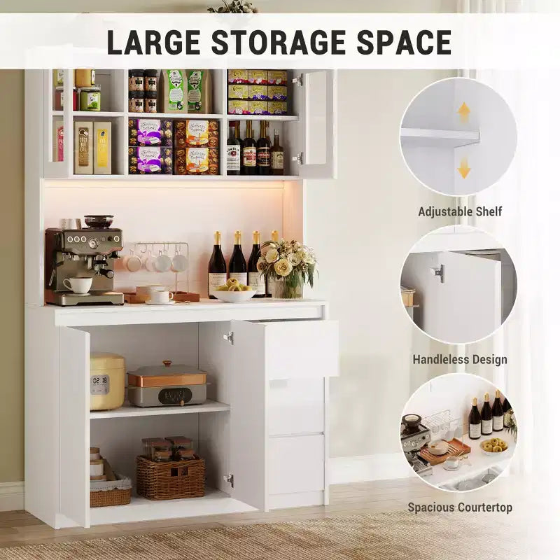 71 Tall Kitchen Pantry Cabinet with Glass Door, Kitchen Storage Hutch with Led Lights and Power Outlets, Microwave Stand, Handless Design