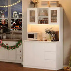 Meuble de cuisine haut de 180 cm avec porte vitrée, vaisselier de rangement de cuisine avec lumières LED et prises de courant, support pour micro-ondes, design sans poignée