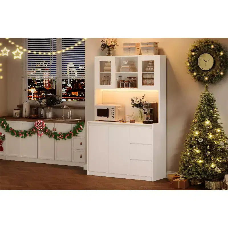 71 Tall Kitchen Pantry Cabinet with Glass Door, Kitchen Storage Hutch with Led Lights and Power Outlets, Microwave Stand, Handless Design