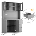 Meuble de cuisine haut de 180 cm avec porte vitrée, vaisselier de rangement de cuisine avec lumières LED et prises de courant, support pour micro-ondes, design sans poignée