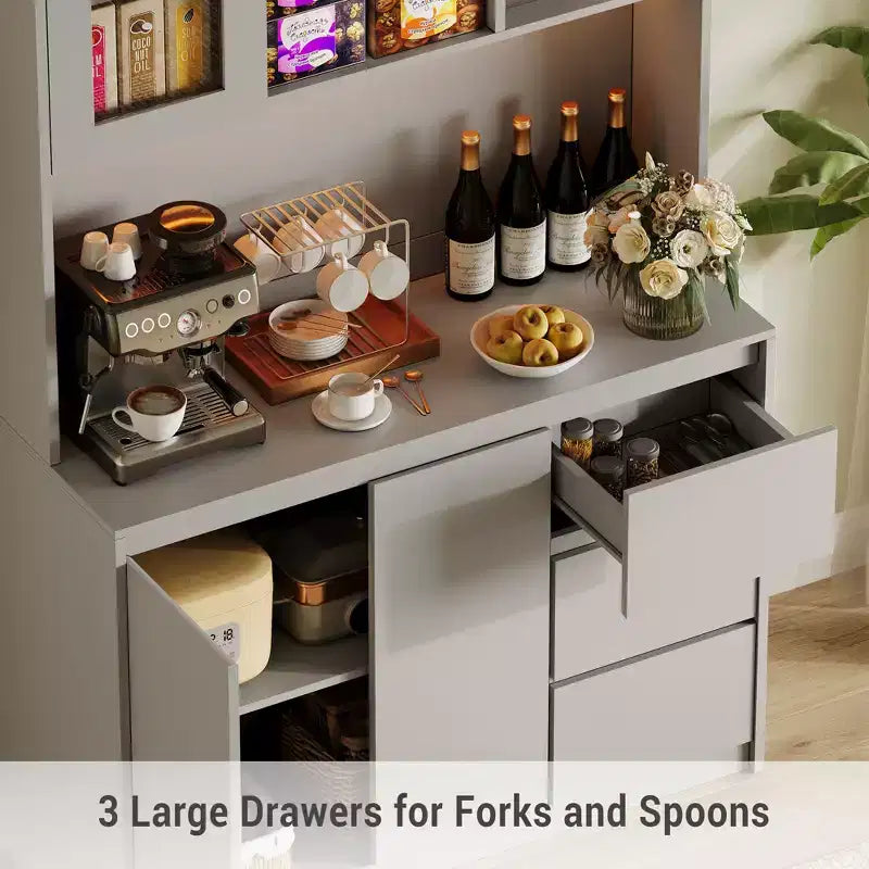 71 Tall Kitchen Pantry Cabinet with Glass Door, Kitchen Storage Hutch with Led Lights and Power Outlets, Microwave Stand, Handless Design