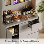 Meuble de cuisine haut de 180 cm avec porte vitrée, vaisselier de rangement de cuisine avec lumières LED et prises de courant, support pour micro-ondes, design sans poignée
